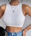 Ribbed Round Neck Casual Sleeveless Crop Tank  Top. 