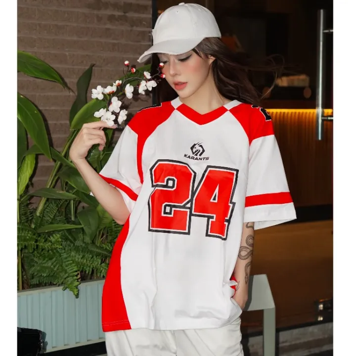 Red%20number%2024%20womens%20T-shirt%20V-neck%20loose%20fit%20top%20oversized%20cool%20short%20sleeves%20-%20Image%205