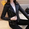 Women Faux Leather Jacket Stylish Faux Leather Women's Coat with Rivet Decor Zipper Slim Fit Cardigan for Fall/winter Long Sleeve Motor Jacket for Ladies Lapel Design Women Jacket. 