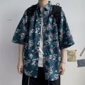 Hong kong style retro ulzzang Short Sleeve Printed Shirt Men's Harajuku Style Loose ins Shirt Beach Couple Sun-Protective Clothing Tide. 
