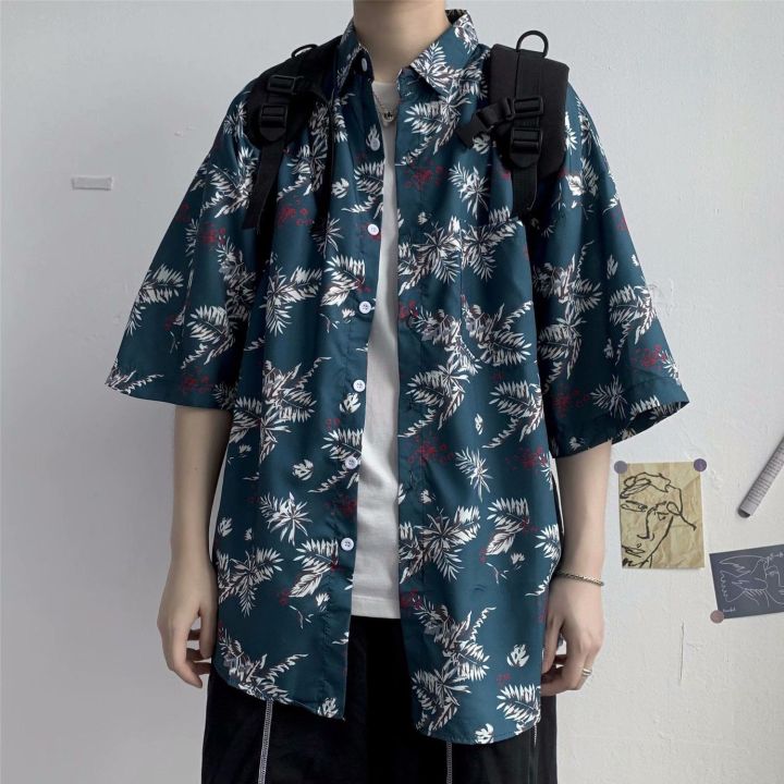 Hong%20kong%20style%20retro%20ulzzang%20Short%20Sleeve%20Printed%20Shirt%20Men's%20Harajuku%20Style%20Loose%20ins%20Shirt%20Beach%20Couple%20Sun-Protective%20Clothing%20Tide%20-%20Image%205
