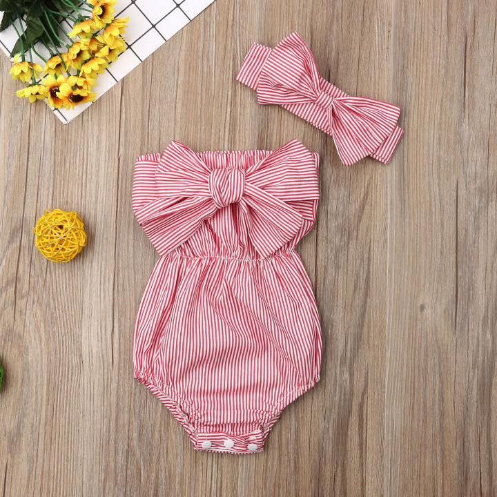Newborn Kids Baby Girls Off Shoulder Striped Bodysuit With Big Bow Summer Babygrow Jumpsuit Outfits Wholesale