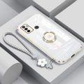 For OPPO A53 2020 / A33 2020 Back Cover with Wrist Strap + Rhinestone Ring Stand Luxury 6D Plating Square Frame Shiny Bling Girls Case Soft Silicone Phone Cases Pouch. 