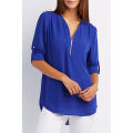 Yfashion Women Chiffon Shirt Solid Color Long Sleeve V-neck Front Zipper Pullover Top Plus Size Loose T-shirt color. 