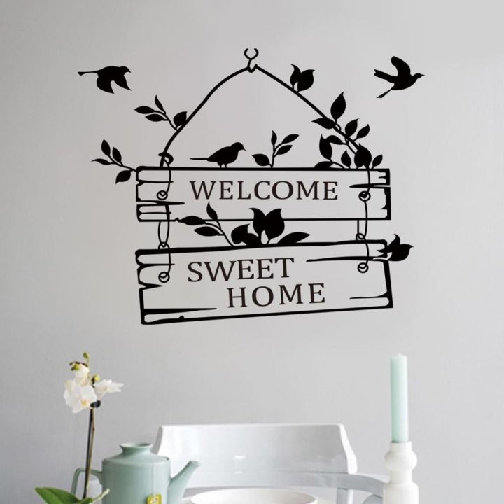 Welcome%20sweet%20home%20quotes%20wall%20stickers%20home%20decor%20living%20room%20door%20sign%20birds%20flower%20vine%20wall%20decals%20vinyl%20mural%20art%20-%20Image%202