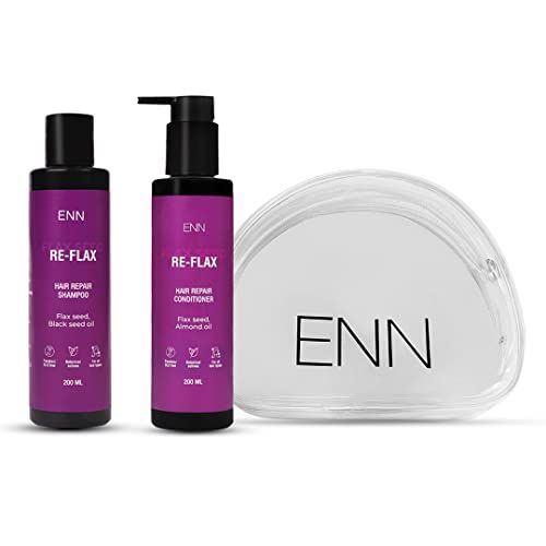 ENN Re-flax- Hair Repair Shampoo And Conditioner Kit | Deeply Moisturises Hair. Balances Ph | Repairs Hair Damage | Controls Frizz | Flax Seeds | Vitamin E | Natural | For Women & Men | Free Pouch (FROM INDIA SAB)