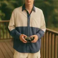 Lans Men's Cuban Collar Patchwork Long Sleeve Shirt – Stylish Contrast Design, Oversized Casual Wear ( S to 3XL ). 