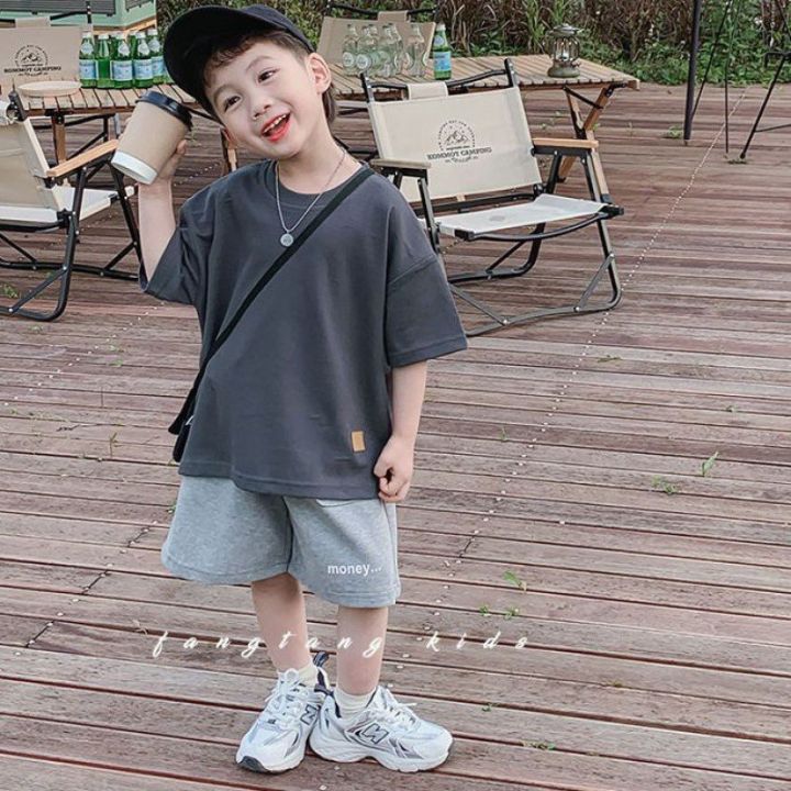 2024 Summer New Boys Suit Shuai Pu Short Sleeve Shirt Boys Children Baby Fried Street Leisure Sports Long Shorts