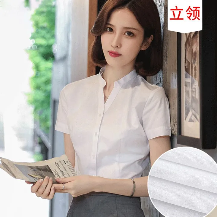 2024%20Spring%20Summer%20New%20Short%20Sleeves%20Women's%20White%20Shirt%20v%20Collar%20Business%20Clothing%20Long%20Sleeve%20Blue%20Shirt%20Korean%20Style%20Work%20Clothes%20-%20Image%208