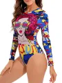Women's One-Piece Swimsuit, 3D Print Long Sleeve Round Neck Hollow Out Back Bathing Bodysuit. 