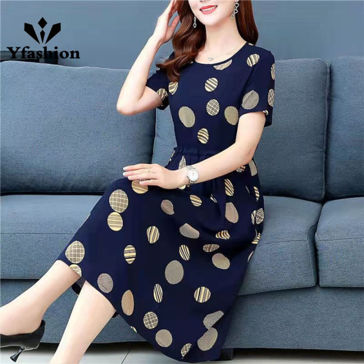 Yfashion Women Cotton Summer Short Sleeves Dress Elegant Stylish Printing Round Neck Midi Skirt Large Size Loose Casual Dress