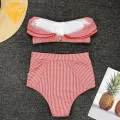 Skin-friendly Swimwear Stylish Striped Bikini Set with Ruffle Trim High Waisted Briefs for Women Push-up Padded Bra Beachwear Set 2pcs/set. 
