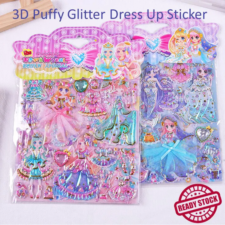 3D Girl Glitter Bubble Puffy Dress Up Sticker Gem Mesh Change Clothes Scrapbooking Craft Gift For Girl Stiker Kanak-Kanak