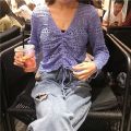 Spring and Summer New Hollow Sweater v Collar Short Loose Women's Long Sleeve Net Hole Top Drawstring Blouse Thin Sweater Women. 