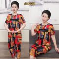 Summer New Loose Mom Wear Short Sleeve Leisure Extra Large Oversized Middle-Aged and Elderly Grandma's Suit Imitation Ice Silk Two-Piece Suit. 