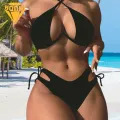 Bikini Set Lace-up High Waist Bikini Set for Women Quick Dry Halter Bra Briefs for Summer Swimming Style Hollow Design Swimwear. 