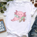 Chubby axolotl enjoys bubble tea print t shirt Girls cute koala bear/guinea pig tshirt women Harajuku kawaii clothes T-shirt. 