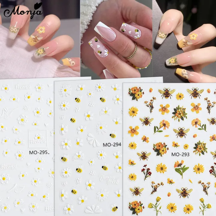 Monja 3D Nail Art Stickers Embossed Yellow Flowers Bee Nail Decals Relief Self-adhesive Nail Sliders Engrave DIY Nail Art Decoration