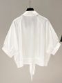 Black, Short Sleeve Shirt Women's Summer Waist-Controlled White Chiffon Shirt High-Grade Niche Batwing Sleeve Short Top. 