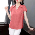 bellylady Women Cotton Plus Size Blouse Summer Short Sleeves V Neck T-shirt Casual Cotton Linen Loose Tops. 