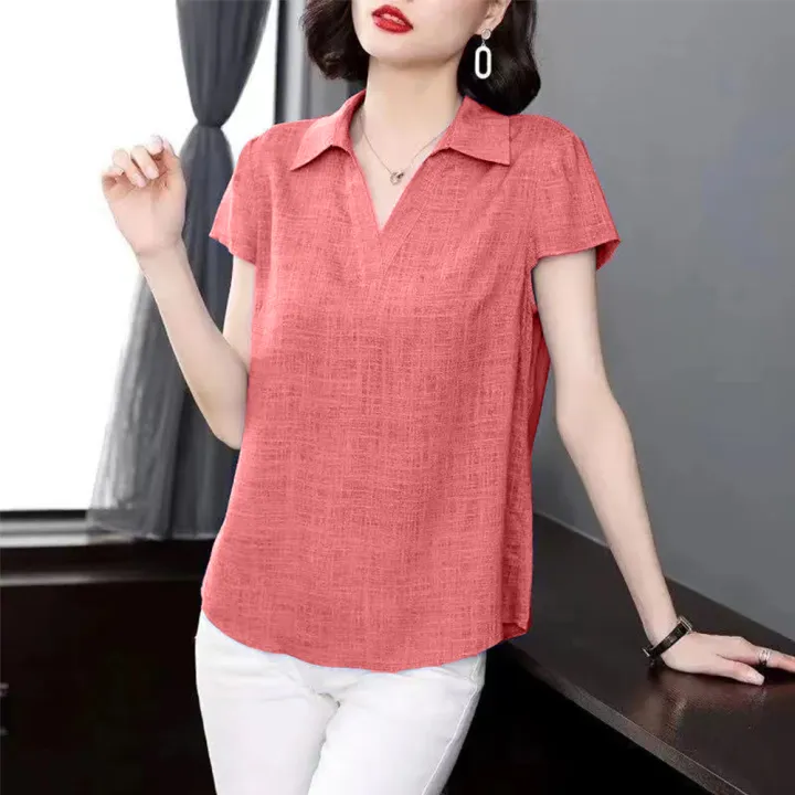 bellylady%20Women%20Cotton%20Plus%20Size%20Blouse%20Summer%20Short%20Sleeves%20V%20Neck%20T-shirt%20Casual%20Cotton%20Linen%20Loose%20Tops%20-%20Image%206
