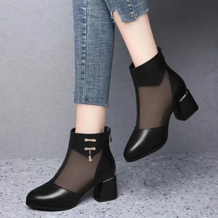2024 New Spring and Summer Real Soft Leather Mesh Sandal Boots Mid Heel Breathable and Wearable Soft Bottom Non-Slip Chunky Heel All-Matching Sandals for Women