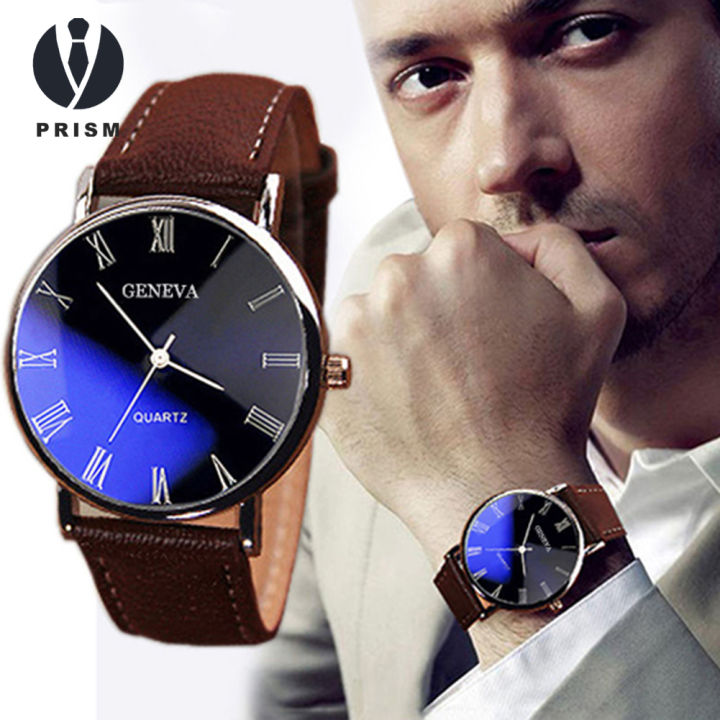 Prism Men Roman Numerals Blu-Ray Faux Leather Band Quartz Analog Business Wrist Watch