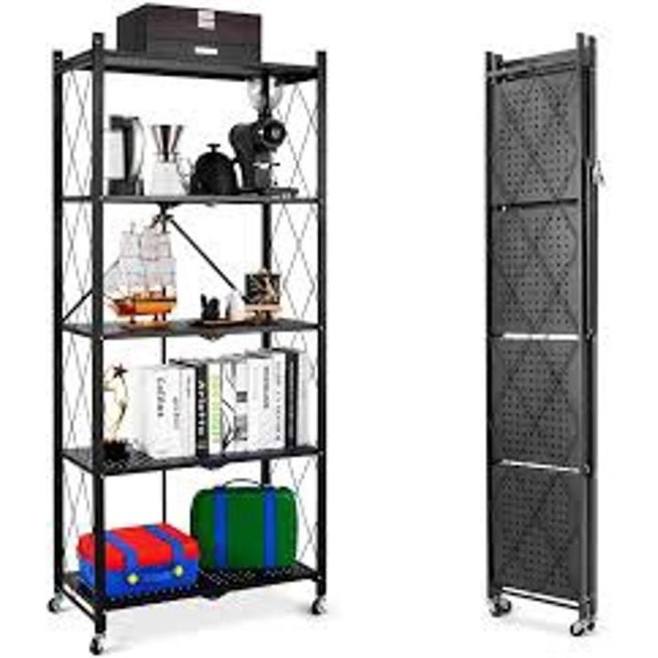 5 Tier Foldable Storage Rack. Metal Black Foldable Storage Rack