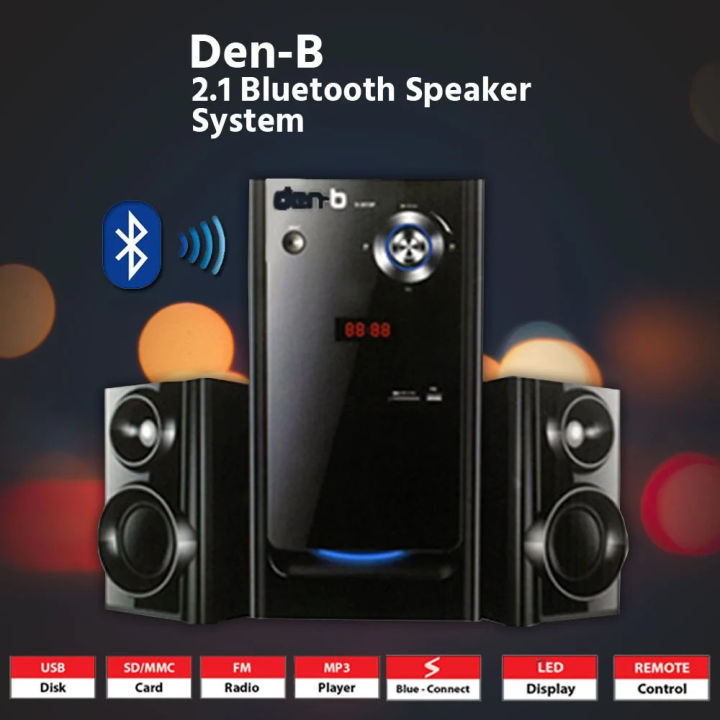 Den-B 2.1 Bluetooth Speaker System with 2 Speakers Surround Sound with Remote Control Black Den B