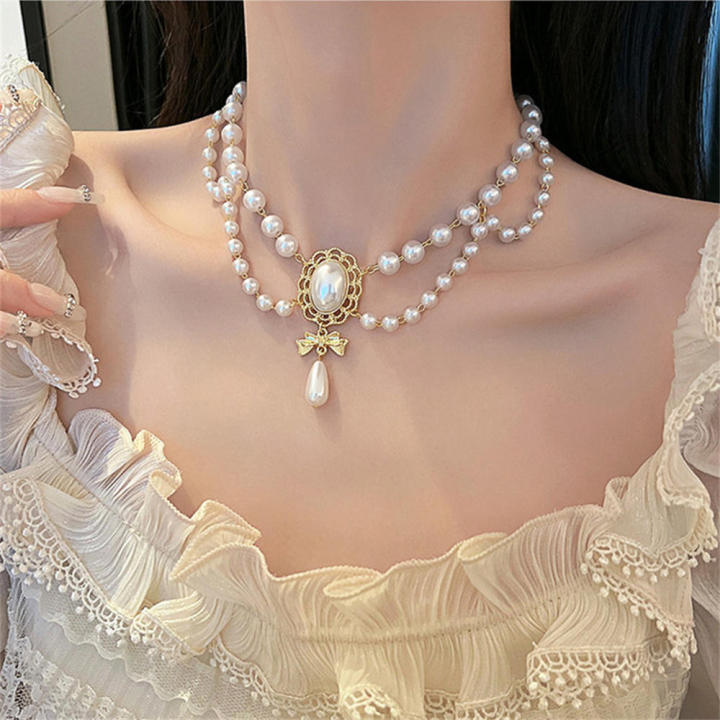 Bowknot pendant  choker necklace White   2 layers Vintage necklace Elegant pendant necklace for Wedding Formal occasions Bridal Evening party Women
