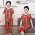 Summer New Loose Mom Wear Short Sleeve Leisure Extra Large Oversized Middle-Aged and Elderly Grandma's Suit Imitation Ice Silk Two-Piece Suit. 