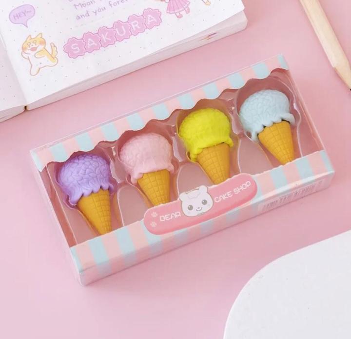 4pcs Creative Colorful Mini Ice Cream Cone Fudge Pop Frozen Treat Erasers for Student Children Party Favors School Toys Supplies