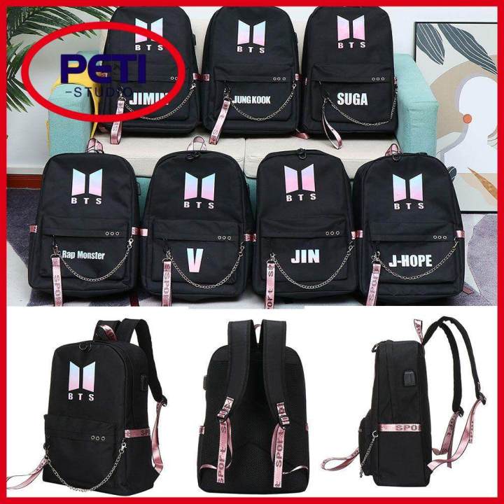 BTS BT21 Chain Backpack Cute Canvas Shoulder Bags USB Charging Interface School Bag Travel Backpack Design Kpop Jungkook Jimin Suga V