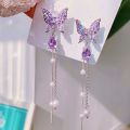 Enacolor   Long Dangle Earrings Exquisite Purple Crystal Pearl Butterfly Drop Earrings for Girls. 
