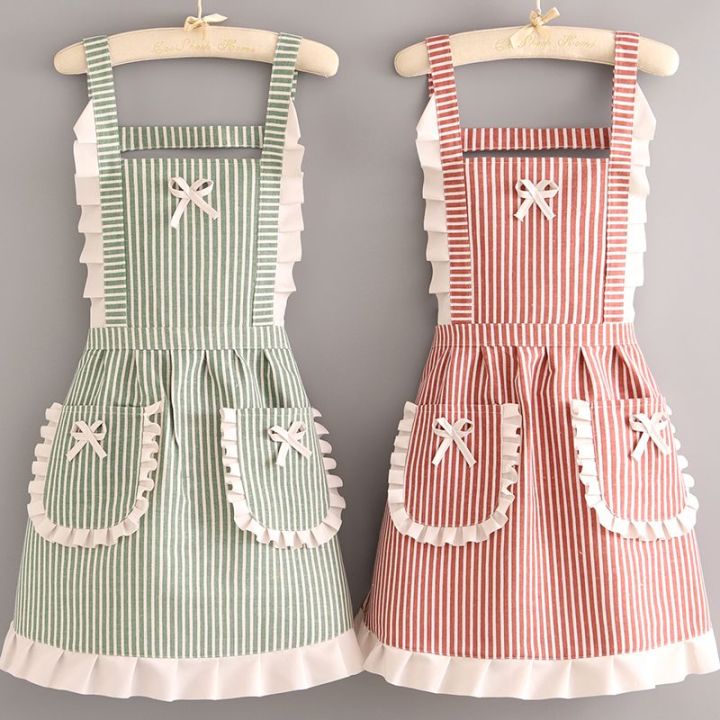 【HOT】 Korean Version Cotton And Linen Apron For Women Cute Kitchen Home Cooking Breathable Apron Fashionable Work Clothes Chef Apron