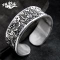 S999 Pure Silver Handmade Men's Retro Wide Face Personality Fashion Silver Bracelet   Glossy Concave Carved Sterling Silver Bracelet. 