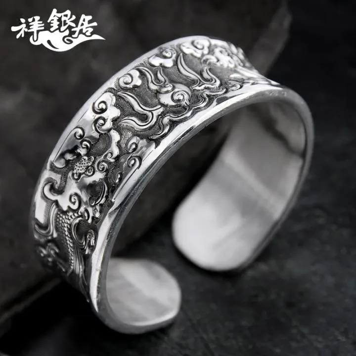 S999%20Pure%20Silver%20Handmade%20Men's%20Retro%20Wide%20Face%20Personality%20Fashion%20Silver%20Bracelet%20%20%20Glossy%20Concave%20Carved%20Sterling%20Silver%20Bracelet%20-%20Image%204