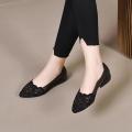 Genuine Leather 2024 New Hollow Glittering Diamond Spring and Summer Pointed Toe Breathable Wide Feet Mom Shoes Thick Heel Soft Bottom Fashion Small Pumps. 