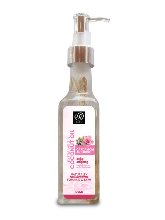Extra Virgin Coconut Oil with Cardamom & Rose - Hair Oil and Moisturizer 100ml නෑඹුල් පොල්තෙල් ස්වභාවික කරඳමුංගු සහ රෝස සාරයෙන්