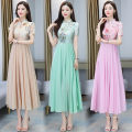 bellylady Women Cotton Chiffon Dress Chinese Style Printing Stand Collar Mid-length Retro Cheongsam Skirt. 