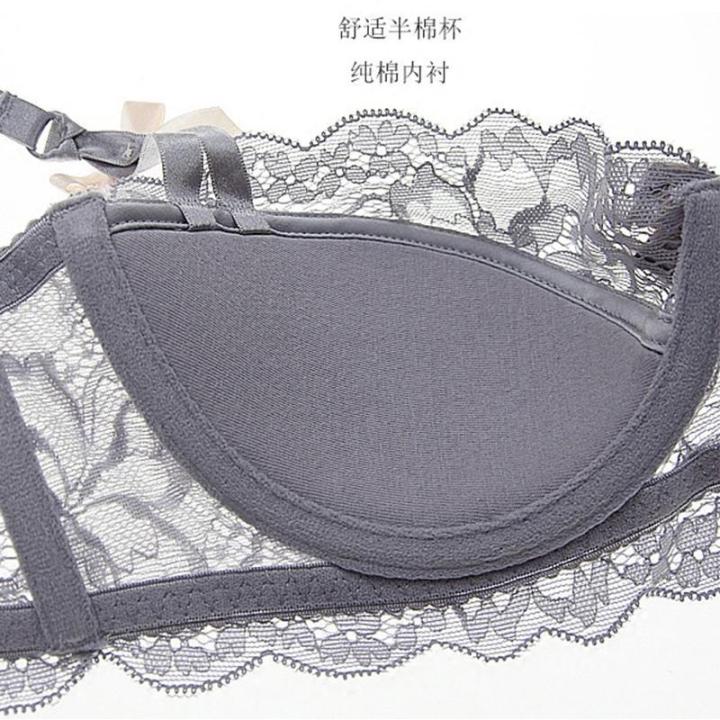 Lace1/2Half%20Cup%20Bra%20European%20and%20American%20Transparent%20Push%20up%20Small%20Breast%20Bra%20Women's%20Red%20Underwear%20Thin%20Suit%20-%20Image%202