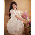 2024 Summer New Fresh French Chiffon Jacquard White Dress Temperament V Collar Cinched Slimming Long Dress. 