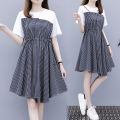 Korean Style Summer New Plaid Stitching Two-Piece Drawstring Waist Slimming DesignAWord Small Size Dress. 