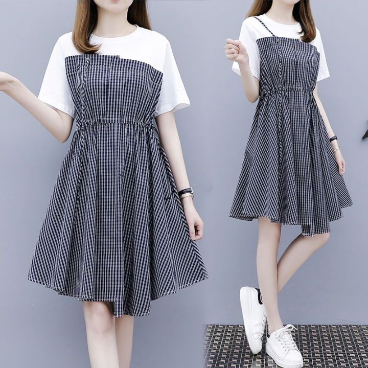 Korean%20Style%20Summer%20New%20Plaid%20Stitching%20Two-Piece%20Drawstring%20Waist%20Slimming%20DesignAWord%20Small%20Size%20Dress%20-%20Image%203