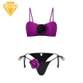 Bikini Set with Strap Design Floral Lace-up Bikini Set with 3d Flowers Adjustable Straps Swimsuit for Women 2pcs/set Contrasting Color Splicing Swimsuit. 