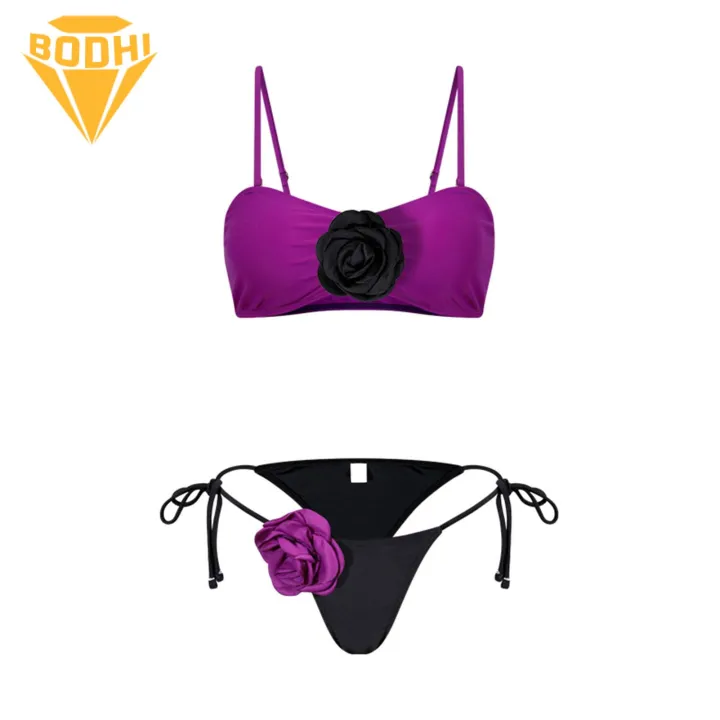 Bikini Set with Strap Design Floral Lace-up Bikini Set with 3d Flowers Adjustable Straps Swimsuit for Women 2pcs/set Contrasting Color Splicing Swimsuit