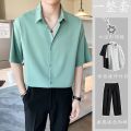 Shijitu Ice Silk Short Sleeve Shirt Men's Summer High-Grade Black ins Trendy Half Sleeve Loose Casual Simple Set. 