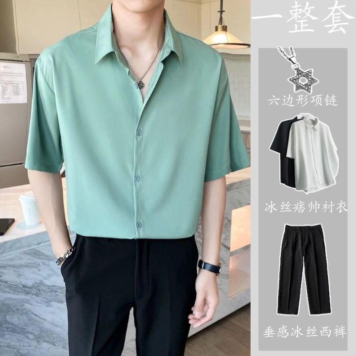 Shijitu%20Ice%20Silk%20Short%20Sleeve%20Shirt%20Men's%20Summer%20High-Grade%20Black%20ins%20Trendy%20Half%20Sleeve%20Loose%20Casual%20Simple%20Set%20-%20Image%206