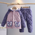 pajamas for kids Children's flannel pajamas, winter three-layer plush loungewear for boys and girls, plush loungewear, hooded coral velvet thick set. 