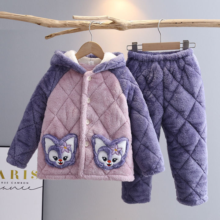 pajamas for kids Children's flannel pajamas, winter three-layer plush loungewear for boys and girls, plush loungewear, hooded coral velvet thick set